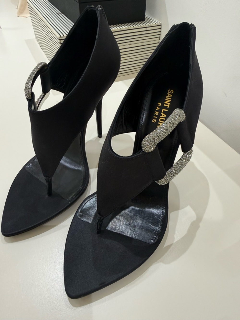 Saint Laurent Black Satin T-Strap Heels with Crystal Buckles - Picture 3 of 6